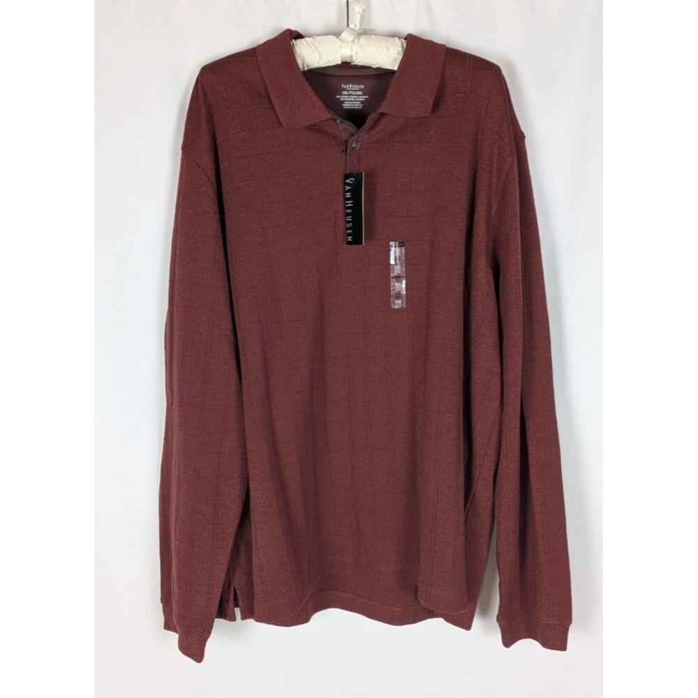 Van Heusen Men's Big & Tall Long Sleeve Textured Polo Shirt Burgundy Red 2XL NWT